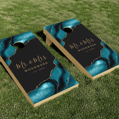 Wedding Mr and Mrs Teal Gold Agate Cornhole Set