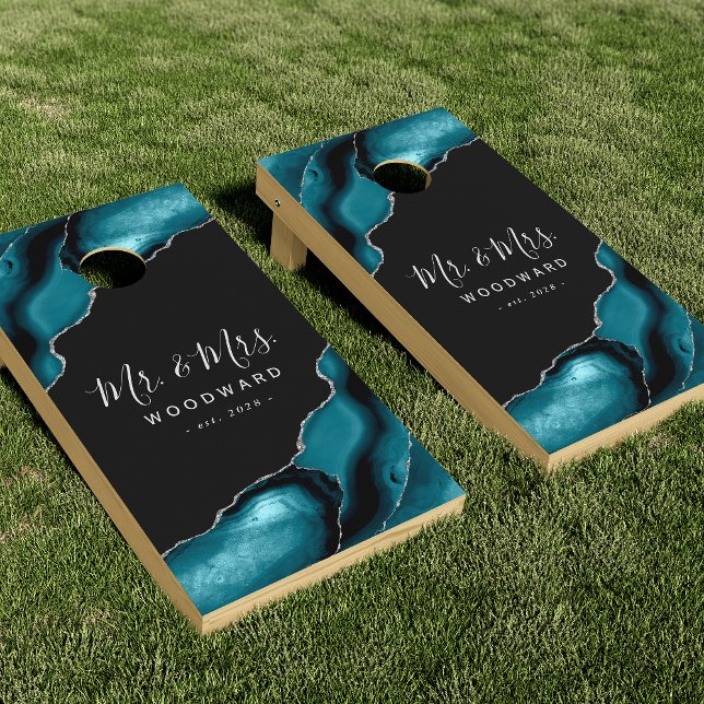 Wedding Mr and Mrs Teal Silver Agate Cornhole Set (Creator Uploaded)