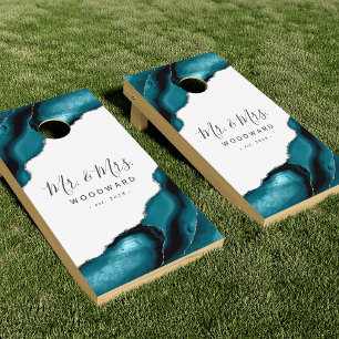 Wedding Mr and Mrs Teal Silver Agate Cornhole Set