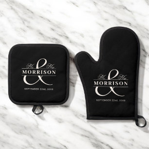Wedding Mr Mrs Black Monogram Oven Mitt & Pot Holder Set