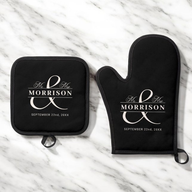 Wedding Mr Mrs Black Monogram Oven Mitt & Pot Holder Set (Creator Uploaded)