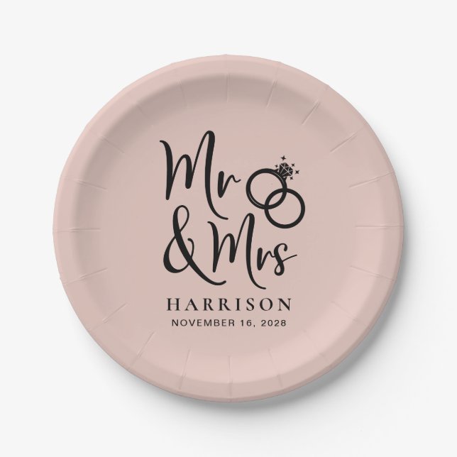 Wedding Mr Mrs Blush Pink Paper Plates (Front)