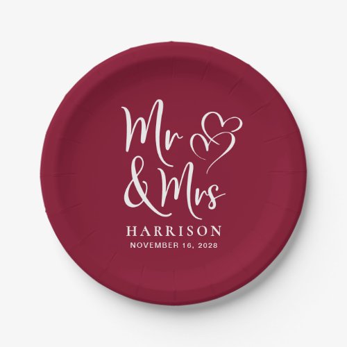 Wedding Mr Mrs Burgundy Paper Plates