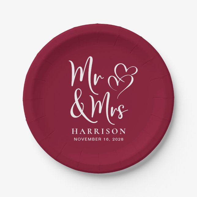 Wedding Mr Mrs Burgundy Paper Plates (Front)