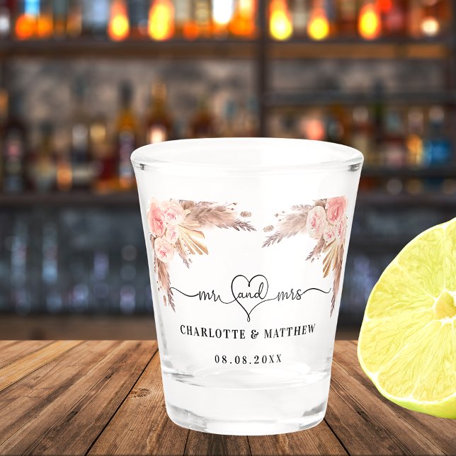 Wedding mr mrs couple pampas grass pink flowers shot glass (Creator Uploaded)