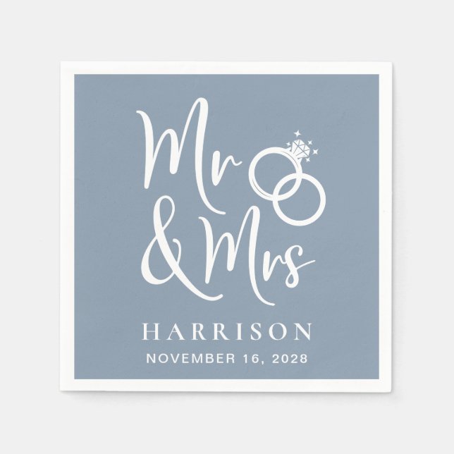 Wedding Mr Mrs Dusty Blue Napkins (Front)