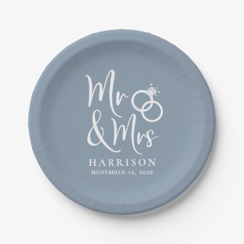 Wedding Mr Mrs Dusty Blue Paper Plates