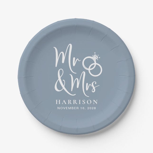 Wedding Mr Mrs Dusty Blue Paper Plates (Front)
