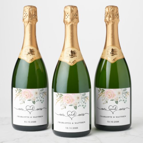 Wedding mr mrs heart blush florals script sparkling wine label