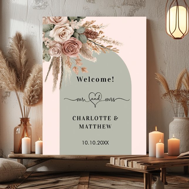 Wedding mr mrs heart pink arch sage green taupe poster (Creator Uploaded)