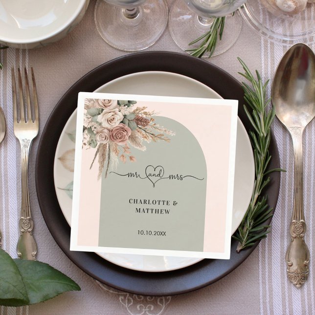 Wedding mr mrs heart pink arch sage napkins (Creator Uploaded)