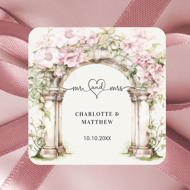 Wedding mr mrs heart script pink florals arch square sticker (Creator Uploaded)