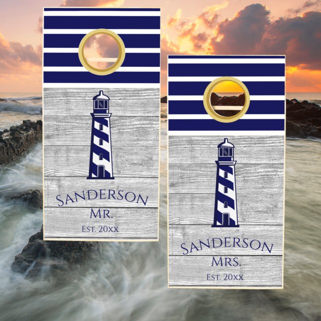 Wedding Mr Mrs Lighthouse Nautical Navy Blue Gray Cornhole Set (Creator Uploaded)