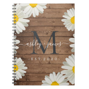 Wedding Mr Mrs Monogram Daisies Floral Rustic Wood Notebook