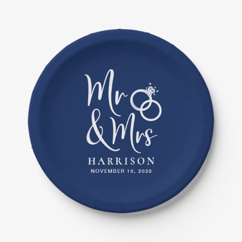 Wedding Mr Mrs Navy Blue Paper Plates