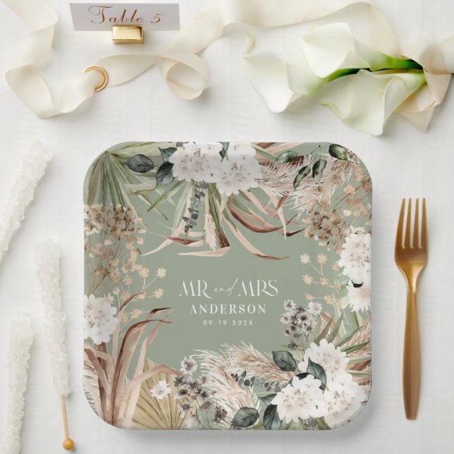 Wedding Mr Mrs pampas eucalyptus modern boho party Paper Plates (Wedding)
