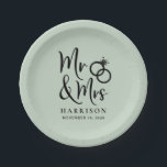 Wedding Mr Mrs Sage Green Paper Plates<br><div class="desc">Custom sage green paper plates for your wedding reception and wedding events with "Mr & Mrs" written in a large script and an illustration of two wedding rings joined together. Add your last name and wedding date.</div>