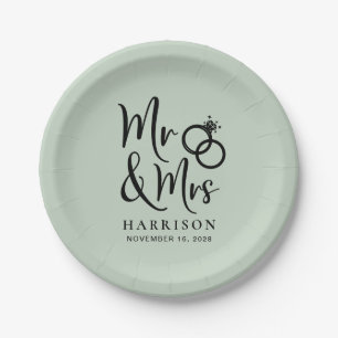 Wedding Mr Mrs Sage Green Paper Plates