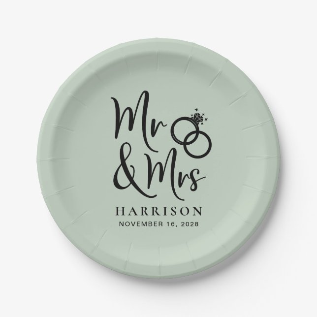 Wedding Mr Mrs Sage Green Paper Plates (Front)
