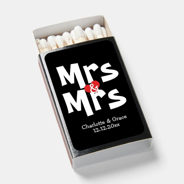 Wedding Mrs And Mrs Personalized Red Heart Detail Matchboxes (Front Open)