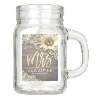 Wedding Mrs Bride Lace Sunflower Rustic Wood Light Mason Jar