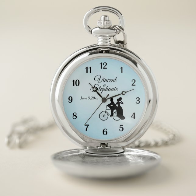 Wedding Name & Date Blue Face Black Numbers Pocket Watch (Inside)