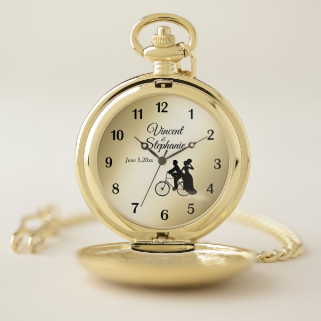 Wedding Name & Date Gold Face Black Numbers Pocket Watch (Inside)