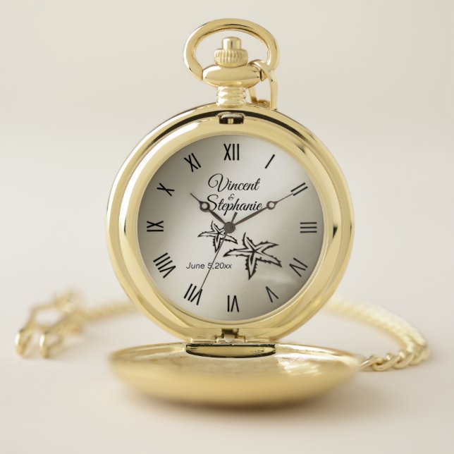 Wedding Name & Date  Gold Face with Roman Numerals Pocket Watch (Inside)