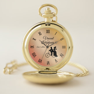 Wedding Name & Date Peach Face with Roman Numerals Pocket Watch
