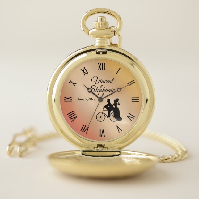 Wedding Name & Date Peach Face with Roman Numerals Pocket Watch (Inside)