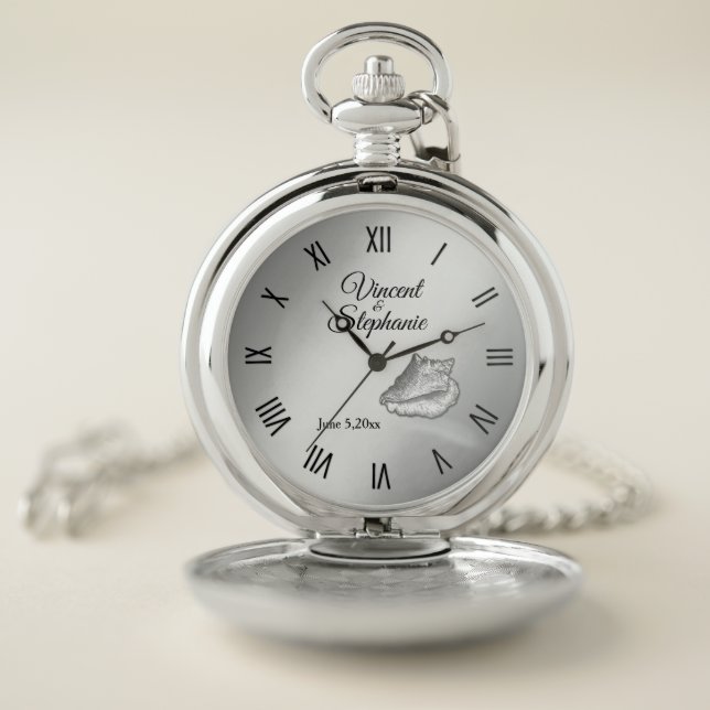Wedding Name & Date  Silver Face w Roman Numerals Pocket Watch (Inside)