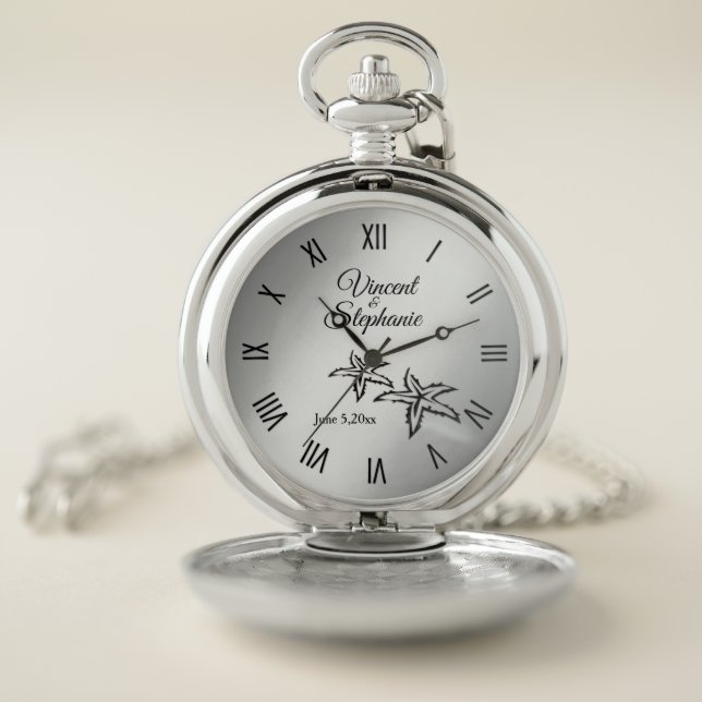 Wedding Name & Date  Silver Face w Roman Numerals Pocket Watch (Inside)
