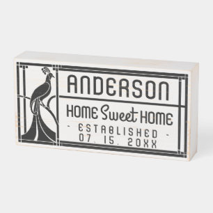 Wedding Name Established Date Peacock Art Deco Wooden Box Sign