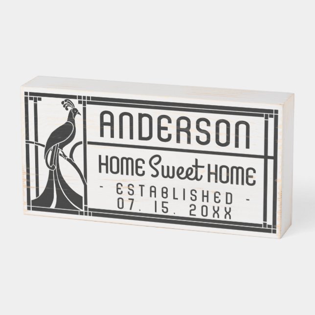 Wedding Name Established Date Peacock Art Deco Wooden Box Sign (Angled Horizontal)