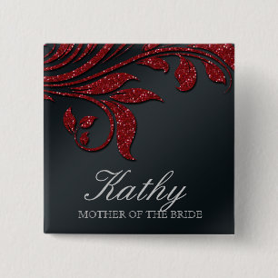 Wedding Name Tag Button Leaf Sparkle Red Black
