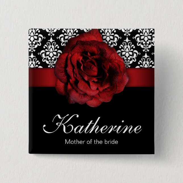 Wedding Name Tag Button Red Rose Damask (Front)