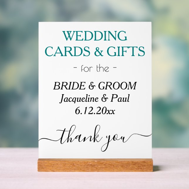 Wedding NAMES Cards Gifts Teal Green Acrylic Sign (Neutral)