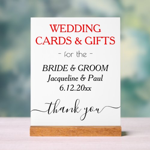 Wedding NAMES Cards Gifts White Black Red Acrylic Sign