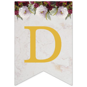 Wedding Names Floral Burgundy Peonies White Marble Bunting Flags