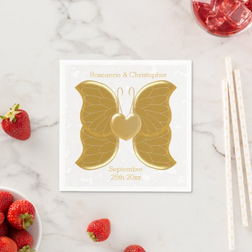 Wedding Napkins Gold Butterfly Heart Design