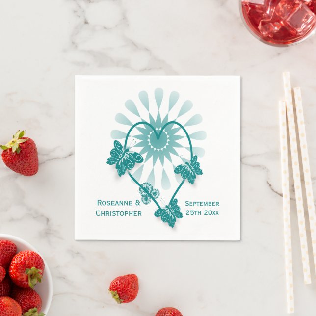 Wedding Napkins Teal Butterflies Heart (Insitu)
