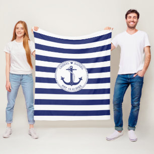 Wedding Nautical Anchor Blue Stripe Monogram Fleece Blanket