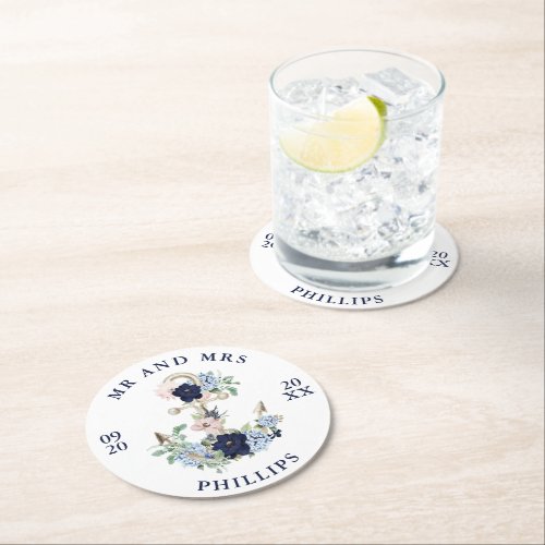 Wedding Nautical Anchor Floral MR and MRS Round Paper Coaster
