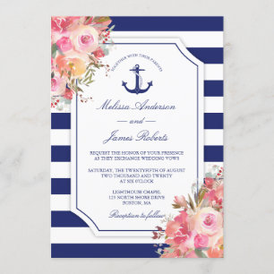 Wedding Nautical Anchor Floral Rose Blue Stripes Invitation