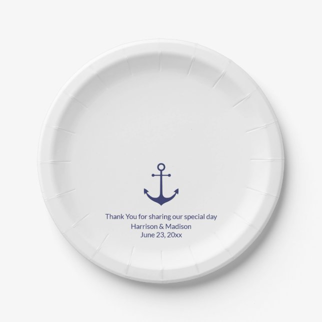 Wedding nautical anchor navy blue and white paper plates (Front)