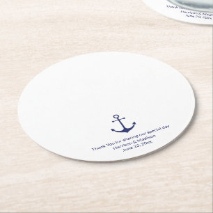 Wedding nautical anchor navy blue and white round paper coaster