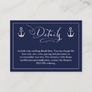 Wedding Nautical Anchor Navy Blue Details Enclosure Card
