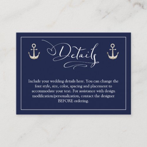 Wedding Nautical Anchor Navy Blue Details Enclosure Card