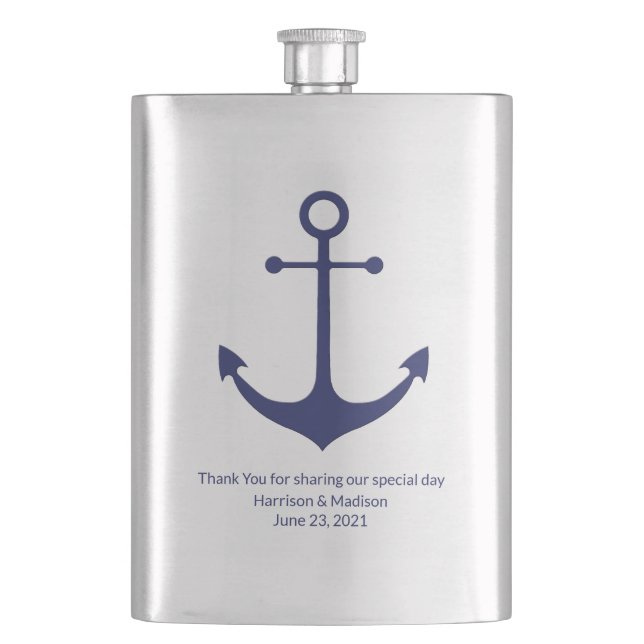 Wedding nautical anchor navy blue favors flask (Front)