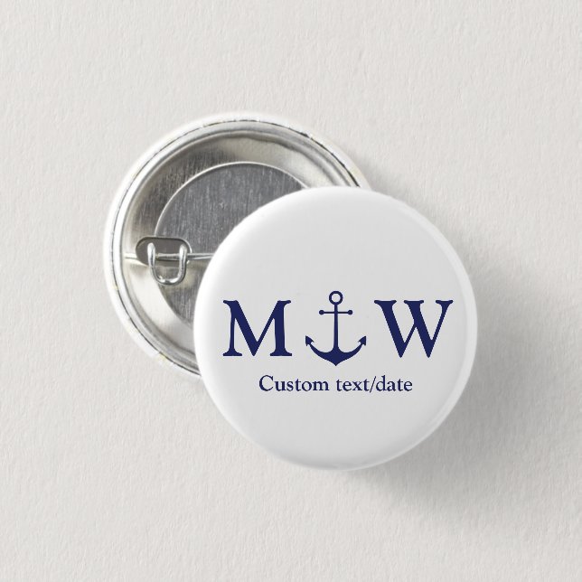 Wedding nautical anchor navy blue monogram favors button (Front & Back)